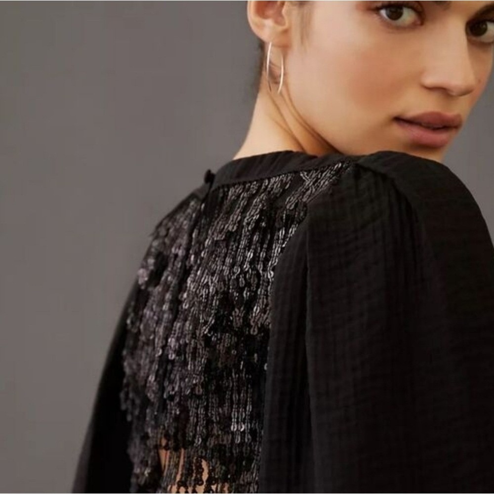 Anthropologie NWT Current Air Black Sequin Back Blouson Sleeve Top SZ Large Glam - Picture 5 of 13